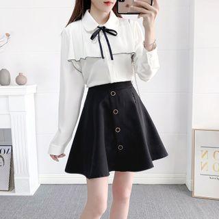 Set: Ruffled Chiffon Shirt + Buttoned A-line Skirt