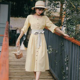 Button Front Elbow-sleeve Square Neck Dress