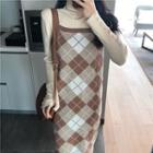 Plain Turtleneck Long-sleeve Slim-fit Top / Check Sleeveless Knit Dress
