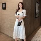 Flower Applique Puff-sleeve Slit Midi A-line Dress