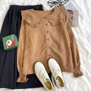 Bell-sleeve Ruffle Trim Peter Pan Collar Shirt