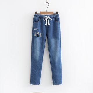 Drawstring Embroidery Fleece-lining Jeans