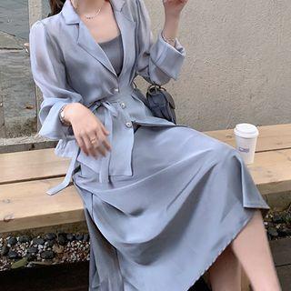 Button-up Light Jacket / Spaghetti Strap Satin Midi Dress