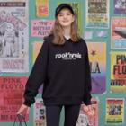 Letter-embroidered Fleece-lined Oversized Hoodie Black - One Size