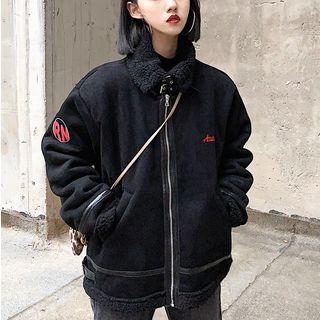 Lettering Embroidered Faux Suede Zip Aviator Jacket