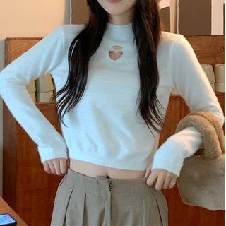 Mock-neck Heart Cutout Knit Crop Top