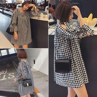 Elbow-sleeve Check A-line Dress