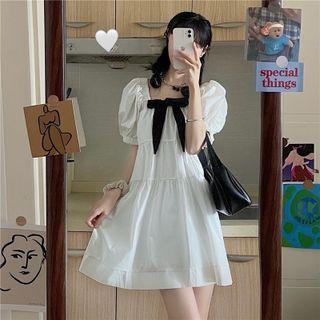 Puff-sleeve Bow-front Mini A-line Dress White - One Size