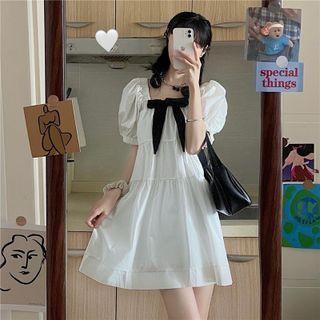 Puff-sleeve Bow-front Mini A-line Dress White - One Size