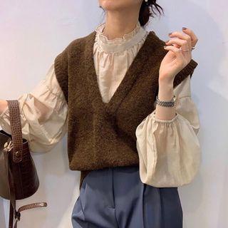 Lantern-sleeve Lace Trim Plain Blouse Beige - One Size