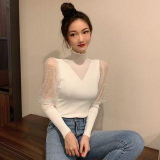 Dotted Panel Lantern-sleeve Knit Top