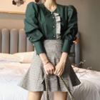 Set: Long-sleeve Ruffled Blouse + Checked Mini Mermaid Skirt