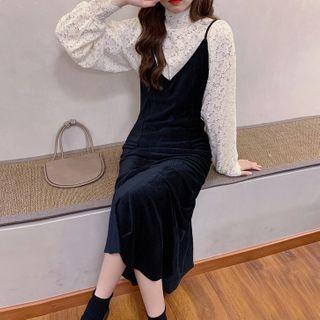 Long-sleeve Lace Blouse / Spaghetti Strap Midi A-line Dress