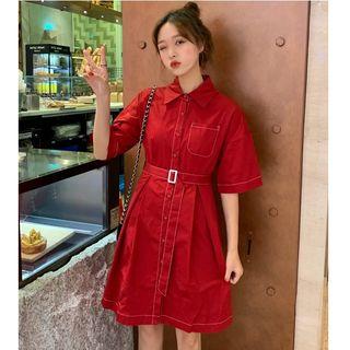 Elbow-sleeve Shirt Dress Red - Xxxs