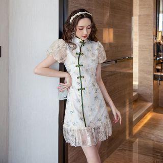 Short-sleeve Mandarin Collar Floral A-line Dress