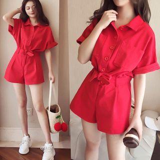 Short-sleeve Button-up Denim Playsuit