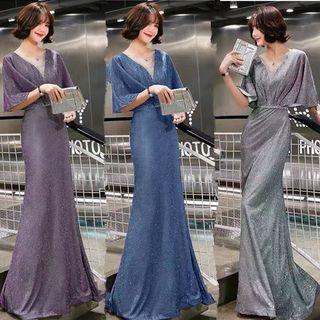 V-neck Elbow-sleeve Sheath Evening Gown