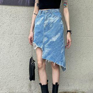Asymmetric Hem Tie-dyed Denim Midi Skirt
