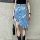 Asymmetric Hem Tie-dyed Denim Midi Skirt
