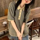 Short-sleeve Striped Knit Polo Shirt Polo Shirt - Black - One Size
