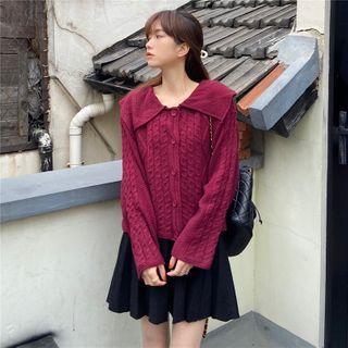 Ruffled Cable-knit Cardigan + Plain Pleated Mini Skirt