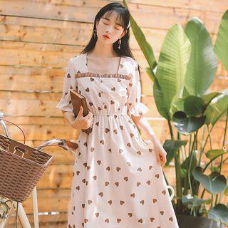 Heart Printed Elbow-sleeve Square-neck Dress