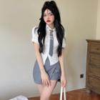 Short-sleeve Shirt With Necktie / Mini Pencil Skirt / Set