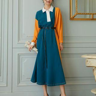 Contrast Panel Midi A-line Polo Dress / Belt / Set