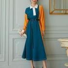 Contrast Panel Midi A-line Polo Dress / Belt / Set