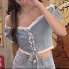 Short-sleeve Lace Trim Off-shoulder Blouse