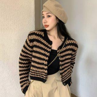 Striped Puffy Cardigan / Midi A-line Skirt