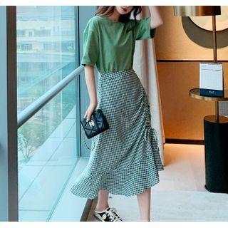 Set: Elbow-sleeve T-shirt + Plaid Midi A-line Skirt