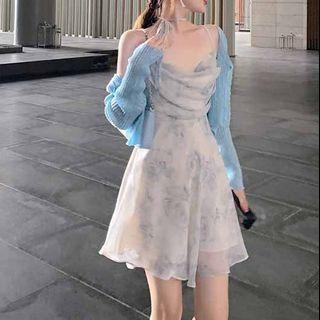 Spaghetti-strap Floral Print Mini A-line Dress / Lantern-sleeve Dress