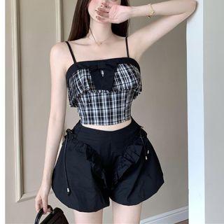 Plaid Cropped Tube Top / High-waist Plain Shorts