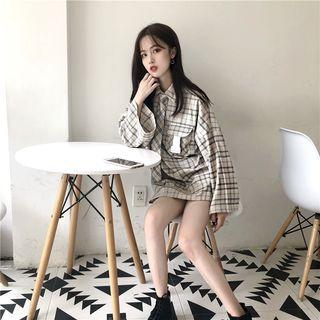 Long-sleeve Plaid Collared Top Plaid - Beige - One Size