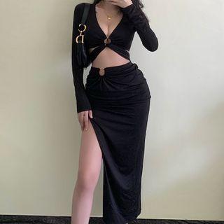 Long-sleeve Cut Out Midi Sheath Dress
