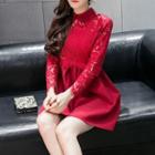 Long-sleeve Lace Panel Mini A-line Collared Dress