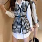 Set: Long-sleeve Mini Shirtdress + Houndstooth Vest