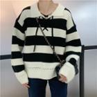 Striped Lace-up Polo Sweater Stripe - Black - One Size