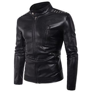 Faux Leather Mock Neck Zipper Studded Biker Jacket