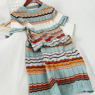 Striped Short-sleeve Midi Knit Dress Light Blue - One Size