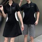 Contrast Trim A-line Dress / Short-sleeve Polo Shirt / Set