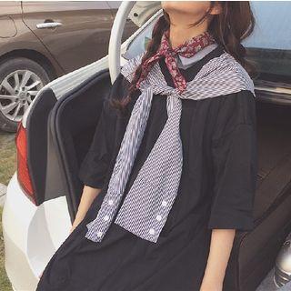 Striped Panel Elbow-sleeve T-shirt Dress