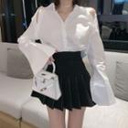Long-sleeve Cold Shoulder Shirt / A-line Mini Pleated Skirt