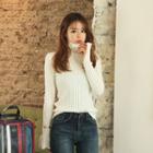 Turtle-neck Slit-cuff Rib-knit Top