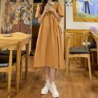 Short-sleeve Collar Midi A-line Dress Orangish Yellow - One Size