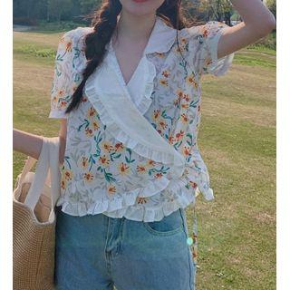 Short-sleeve Floral Ruffled Trim Collar Blouse White - One Size