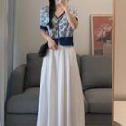 Puff-sleeve Floral Print Blouse / Midi A-line Skirt / Set