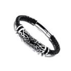 Vintage Fashion Carved Pattern Geometric 316l Stainless Steel Braided Leather Bracelet Silver - One Size