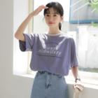 Elbow-sleeve Lettering Print T-shirt Light Purple - One Size